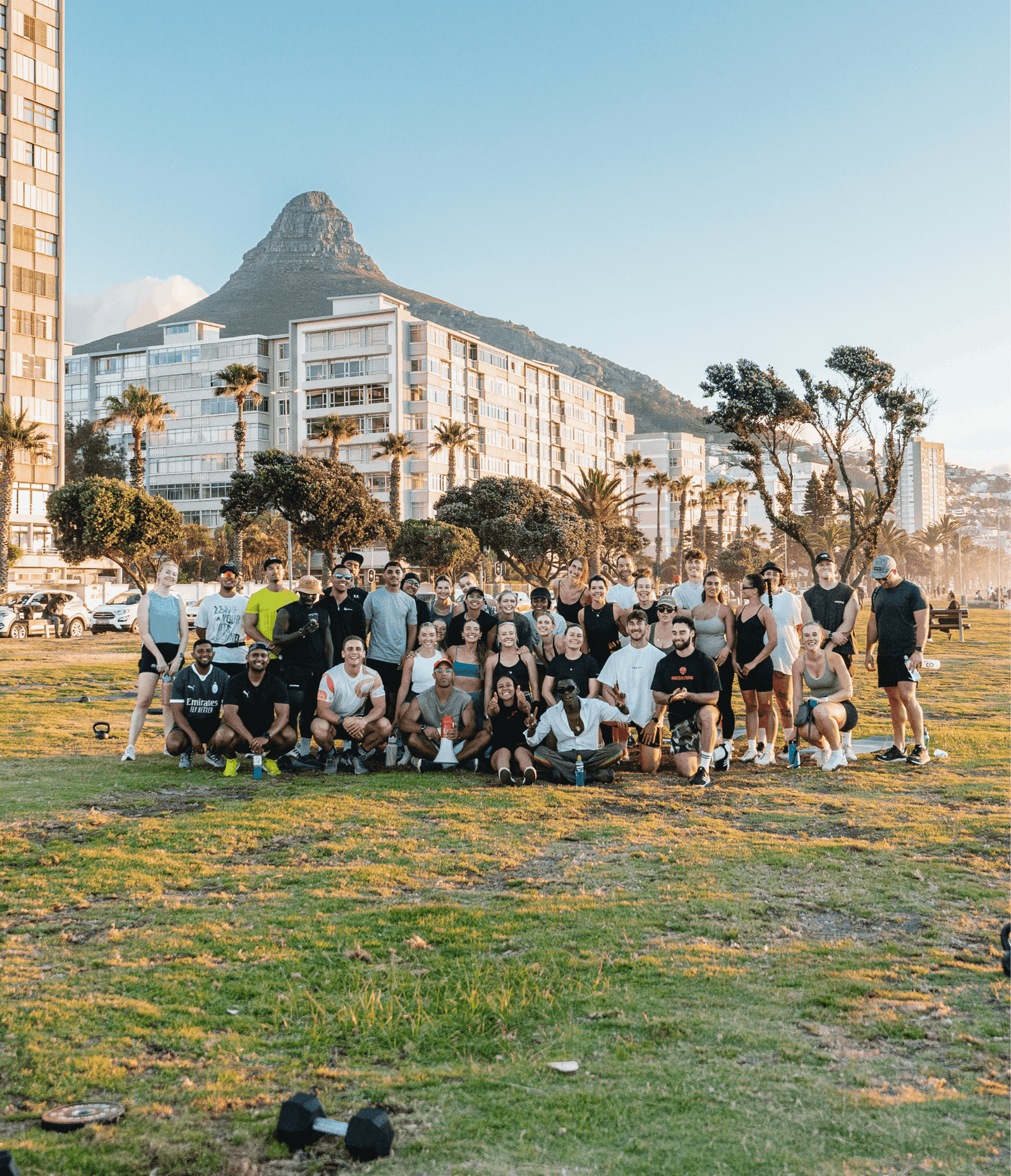 Horizen community gathered outdoors in Sea Point with Lion’s Head in the background